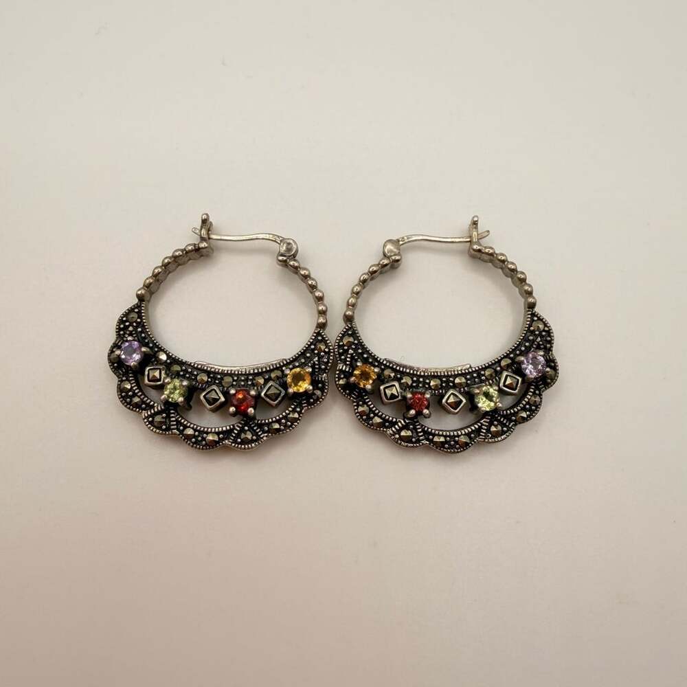 Sterling Silver 925 Multi Gemstone Marcasite Hoop Earrings 12g